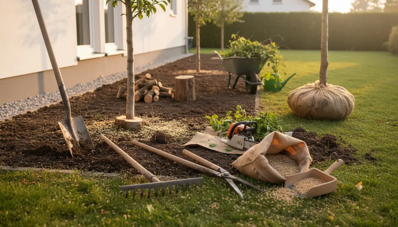 Langt bed langs huset med fjernet ukrudt, savet træstamme og haveredskaber klar til at så græs.