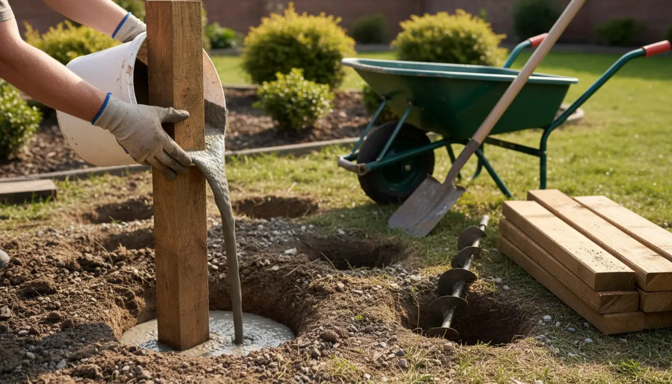 Tæt foto af hænder, der støber en træpæl i cement i et dybt hul i en have med værktøj og flere pæle ved siden af.