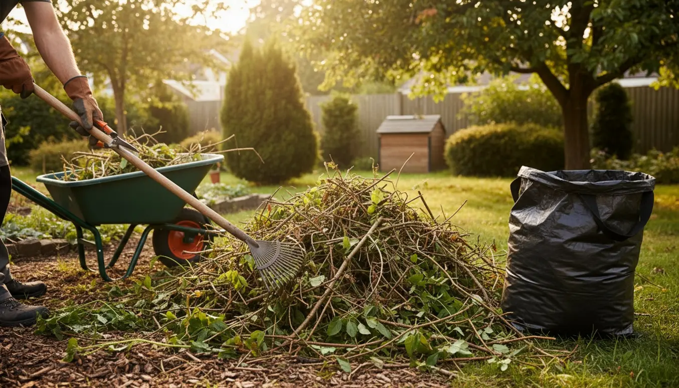 Nærbillede af arbejdshandsker, rive og trillebør, mens små grene og planteafklip samles i en solrig have.