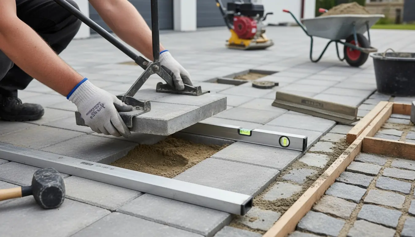 Håndværker retter sunkne fliser og etablerer kantsikring med kantsten og frisk beton ved en indkørsel.