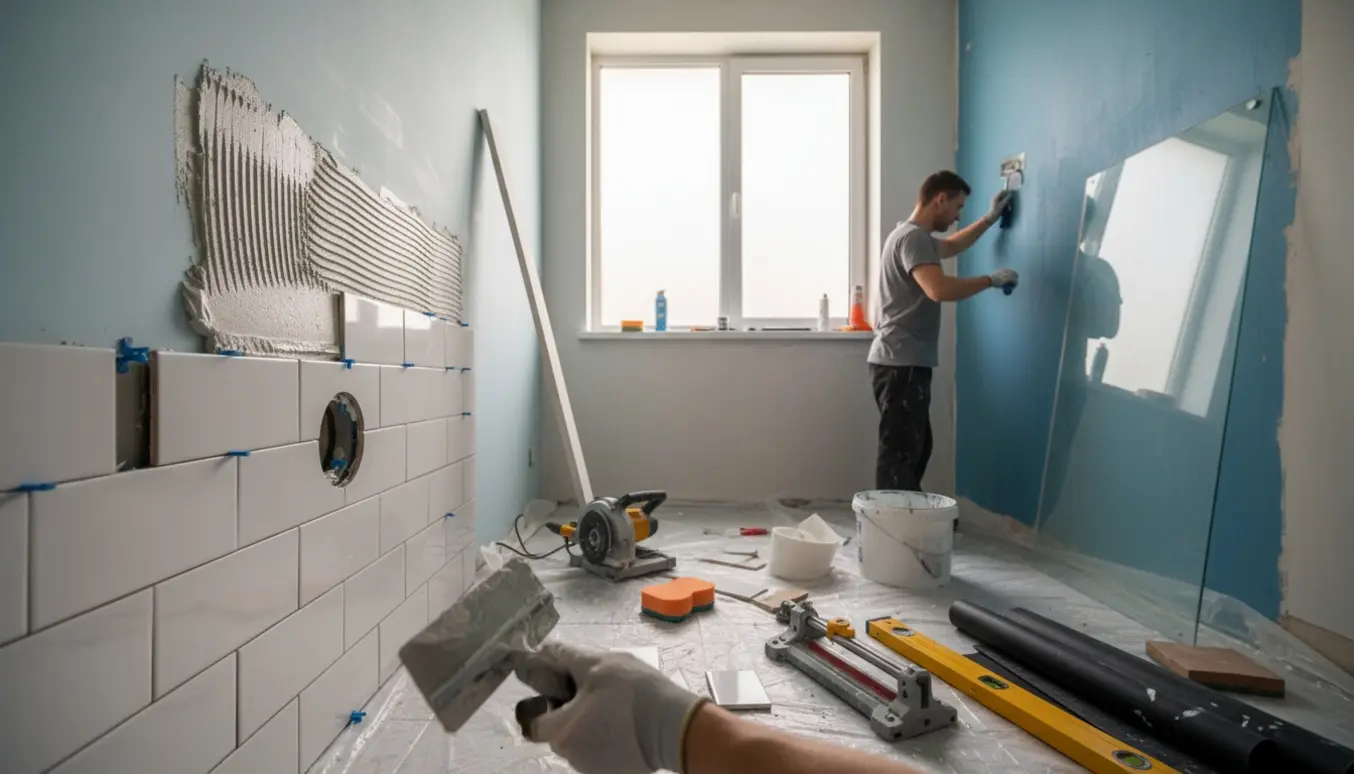 Nærbillede af en murer, der forbereder og fliser et bruseområde med vådrumssikring og glasbruselåger klar til montering.