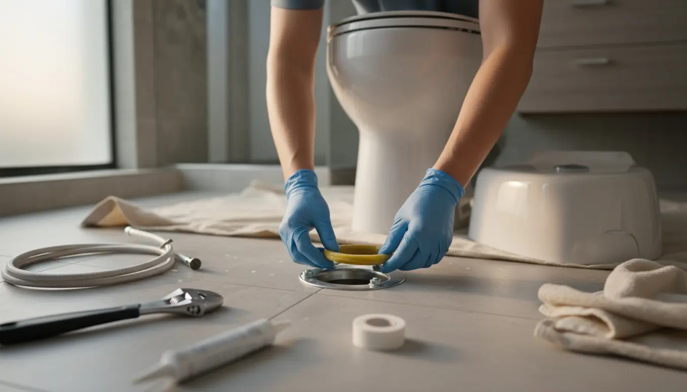 Nyt toilet installeres i et lyst badeværelse med handsker og værktøj ved en åben gulvflange.