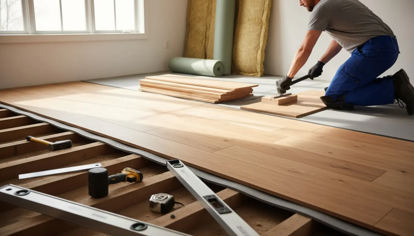 Håndværker lægger gulvplanker og isolering i et lyst rum med værktøj og materialer klart.
