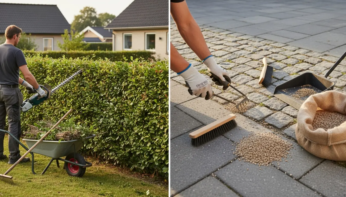 En ryggvendt havearbejder klipper en bøgehæk ved en indkørsel med bunker af afklip, værktøj og åben sæk med fint bakkegrus.