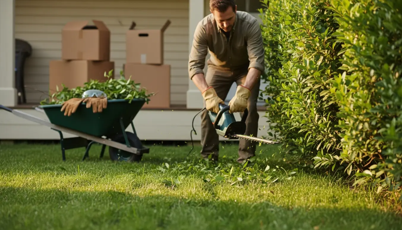 Handsker og en elektrisk hækkeklipper former en grøn hæk foran et parcelhus med flyttekasser i baggrunden.