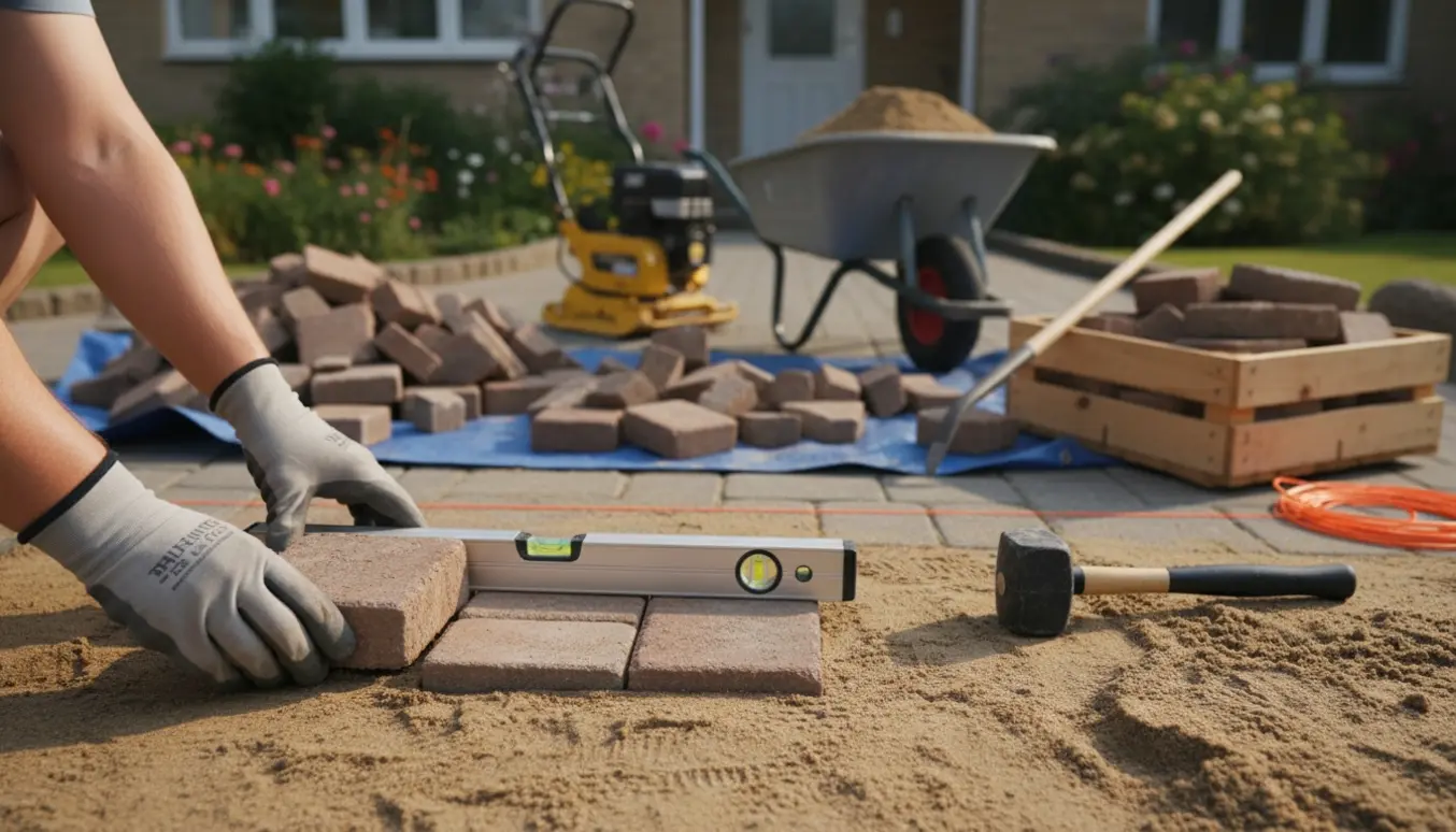 Nærbillede af arbejdshænder, der lægger genbrugte og nye belægningssten i en udjævnet indkørsel med værktøj i baggrunden.