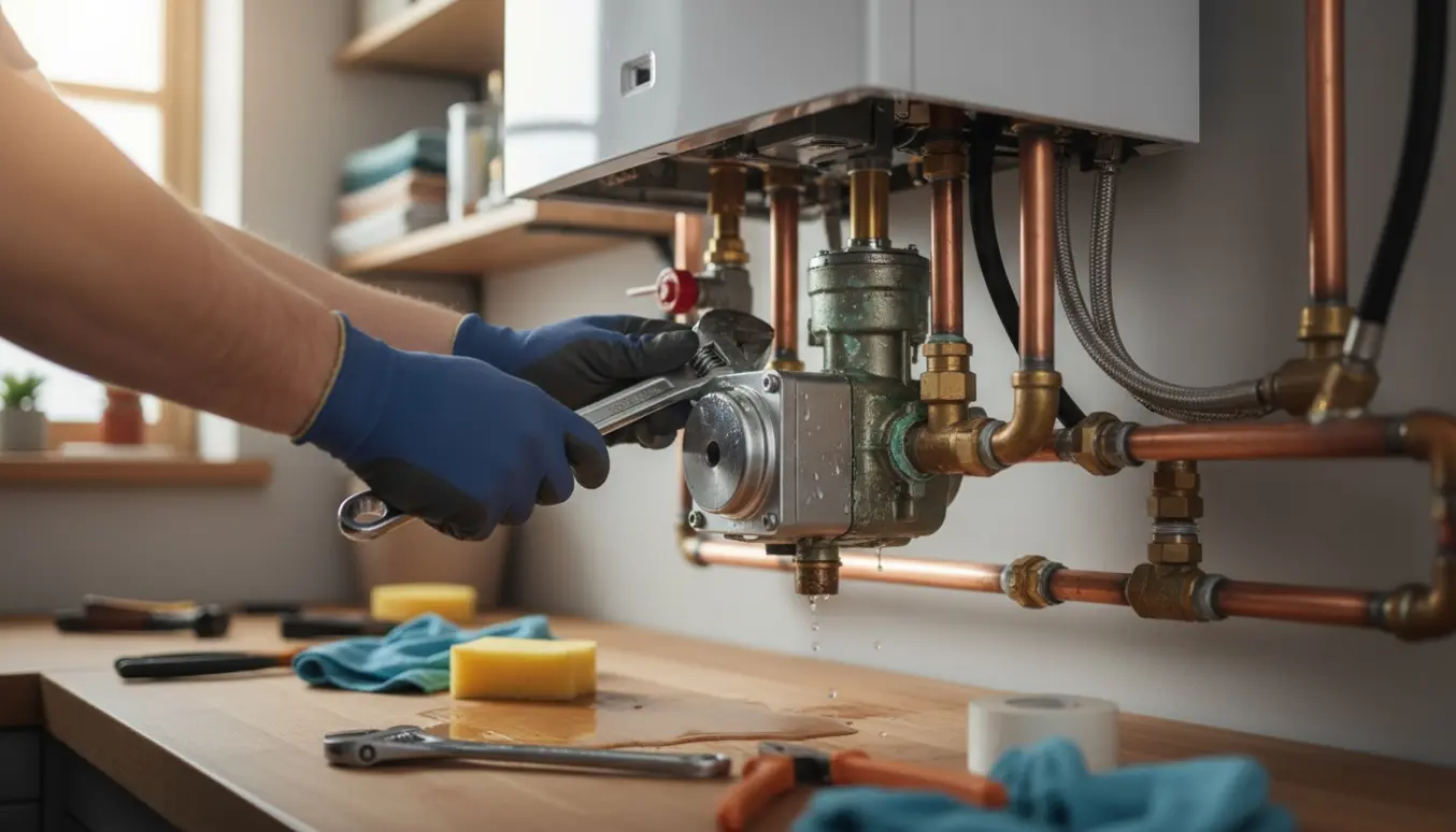 Nærbillede af hænder, der udskifter en defekt cirkulationspumpe i et husvarmeanlæg.