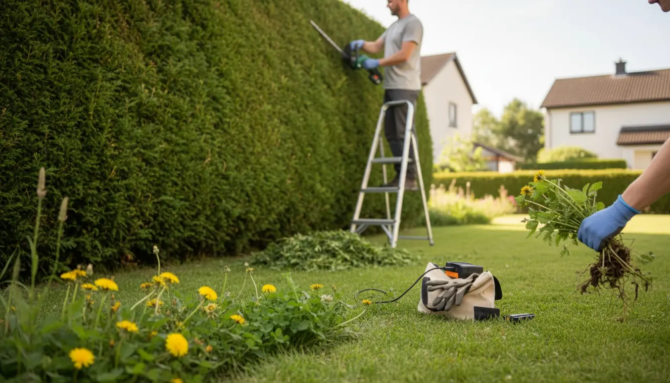 Person trimmer hæk fra en stige med ukrudt i forgrunden og ingen særligt udstyr til ukrudtsfjernelse.