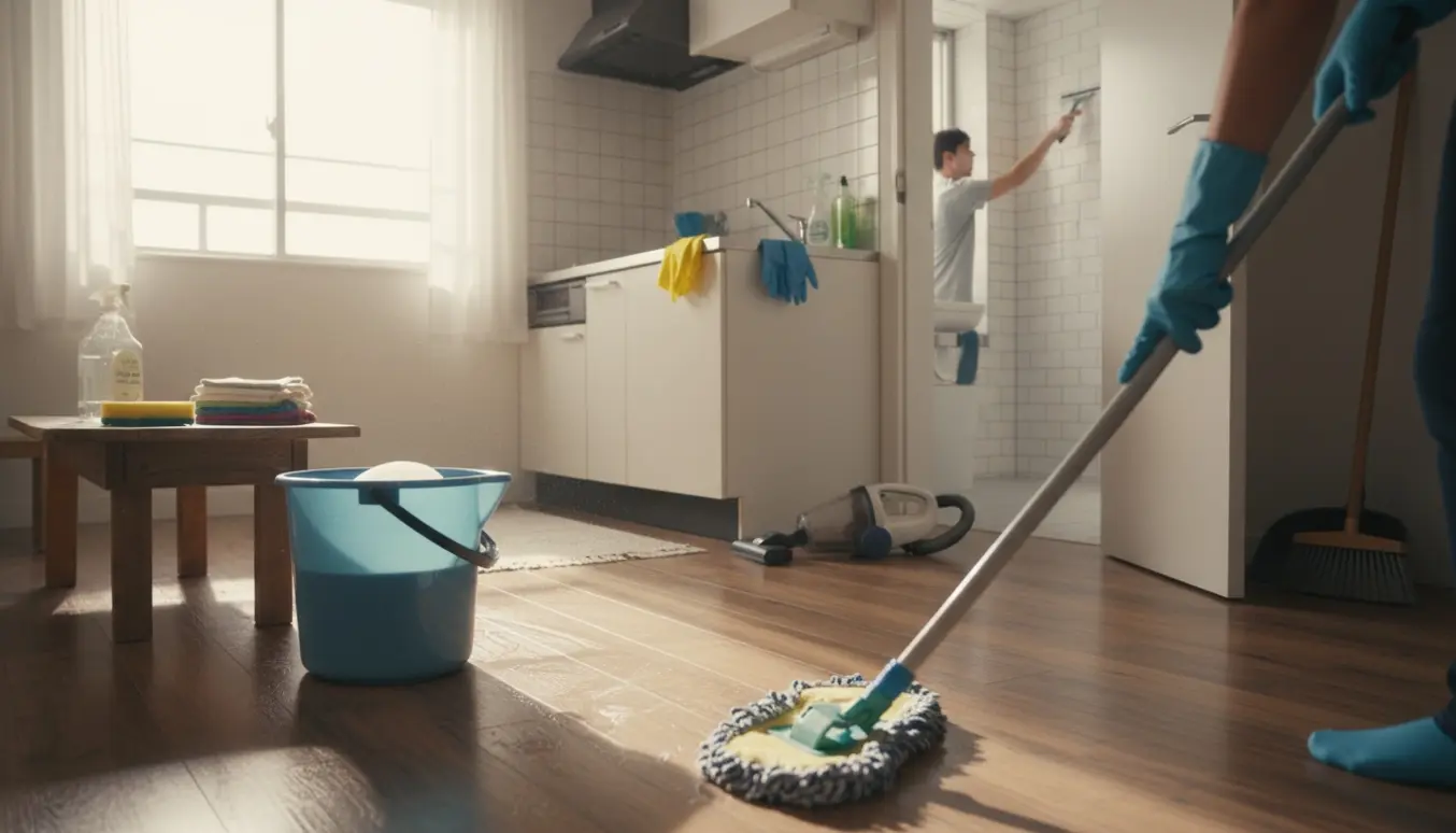 Flytterengøring i lille lejlighed med spand, moppe og klude i blødt dagslys.