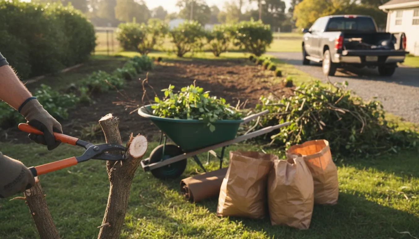 Hænder med rive og trillebør rydder buske i en baghave med bunker af afklippede grene.