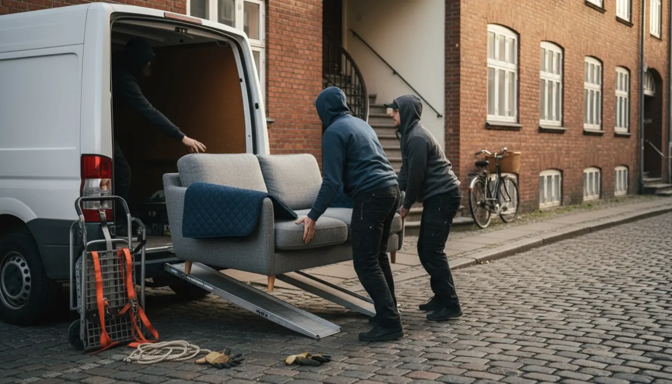 Sofa læsses ind i en flyttevogn foran en dansk lejlighed med flyttetæpper og dolly.