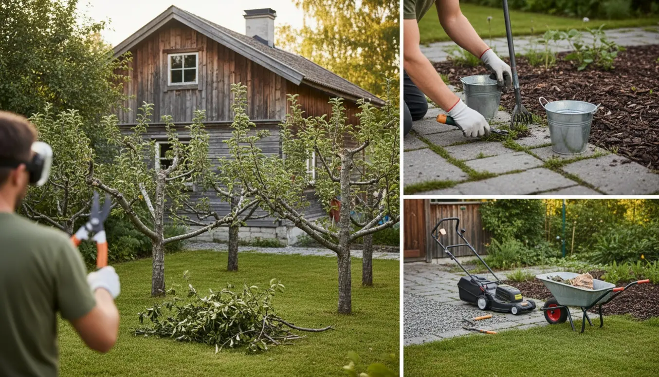Sommerhushave med beskårne frugttræer, lugede fliser og en lille nyslået græsplæne.
