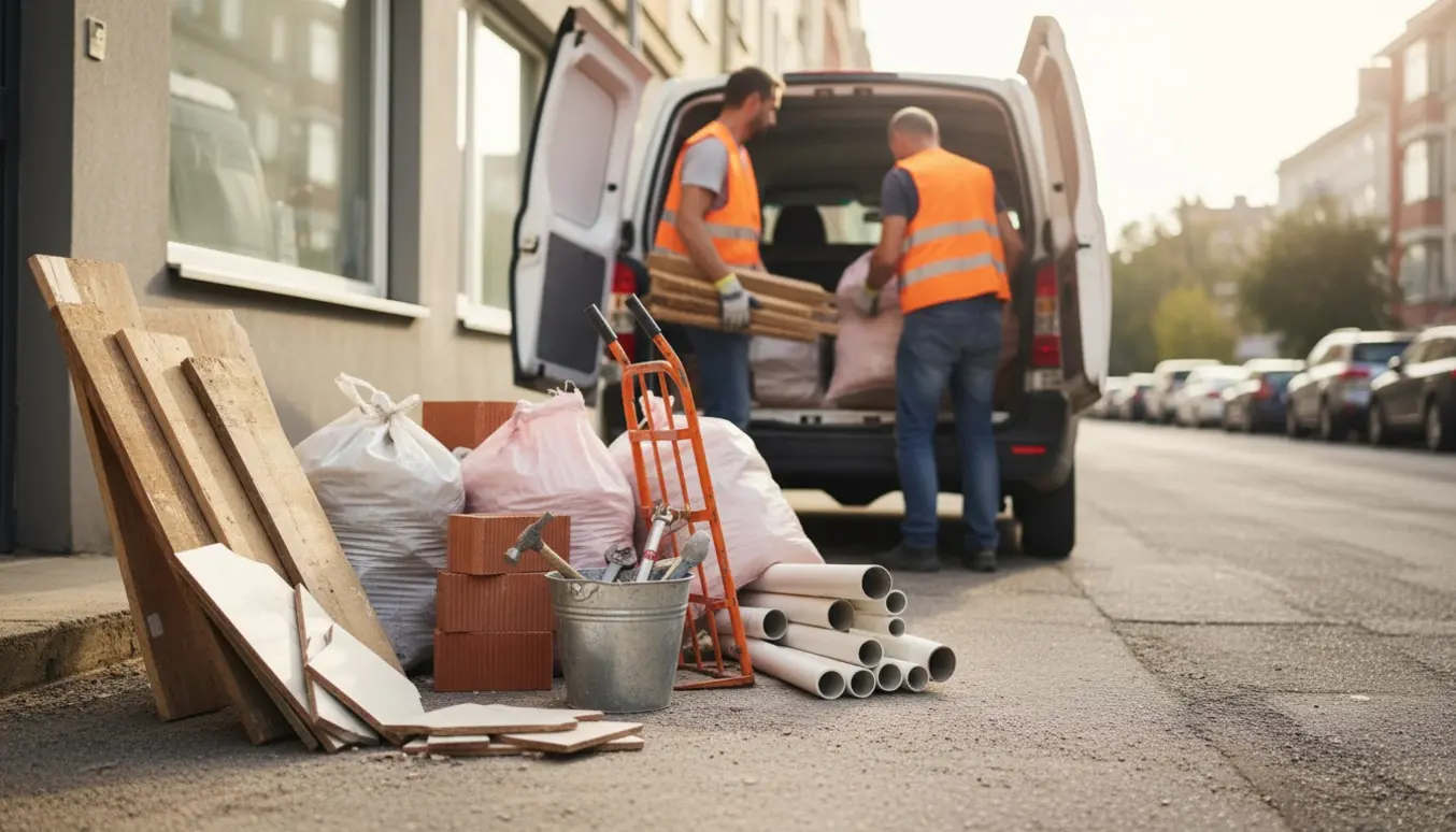 Varebil lastes med blandet byggeaffald udenfor en stueetage, hjælper bærer materialer.