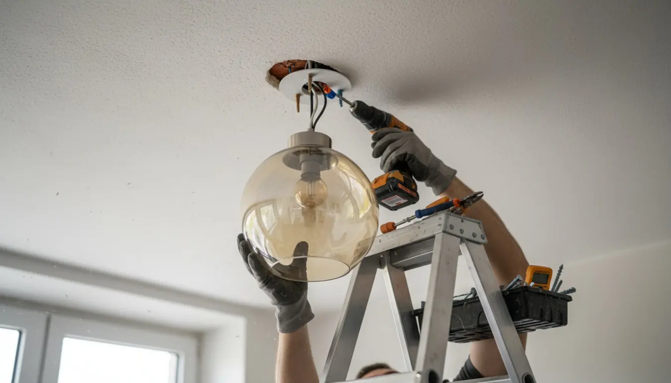 Hænder på en stige monterer en tung glaskugle lampe i et gipsloft og forbinder ledninger.
