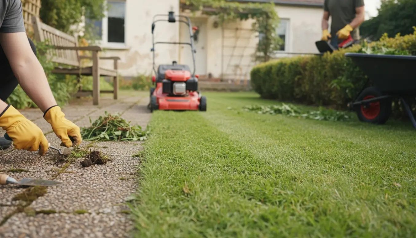 Hænder trækker ukrudt fra fuger, en plæne bliver slået og en lav hæk klippes i en lille for- og baghave.