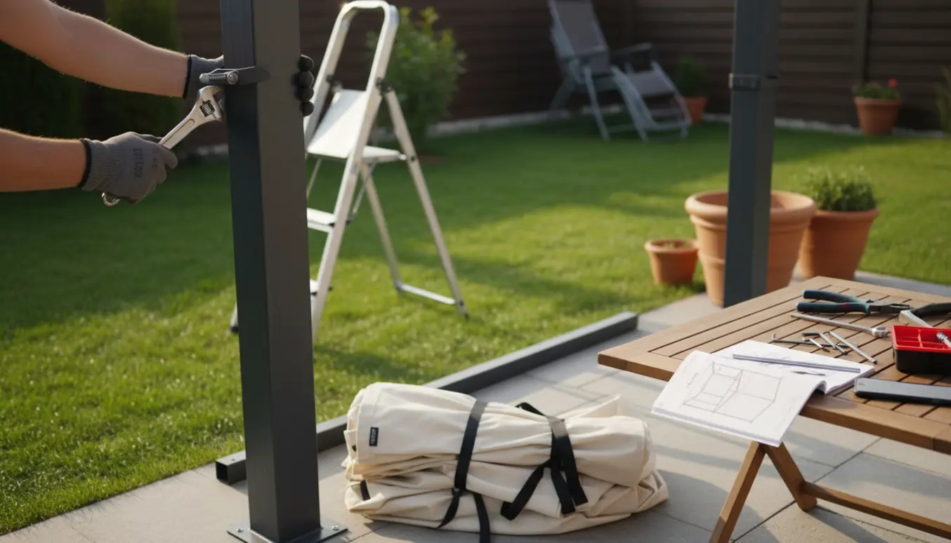 Nærbillede af hænder, der samler en pavillon i haven og spænder metalrammen med værktøj og en udslået manual på bordet.
