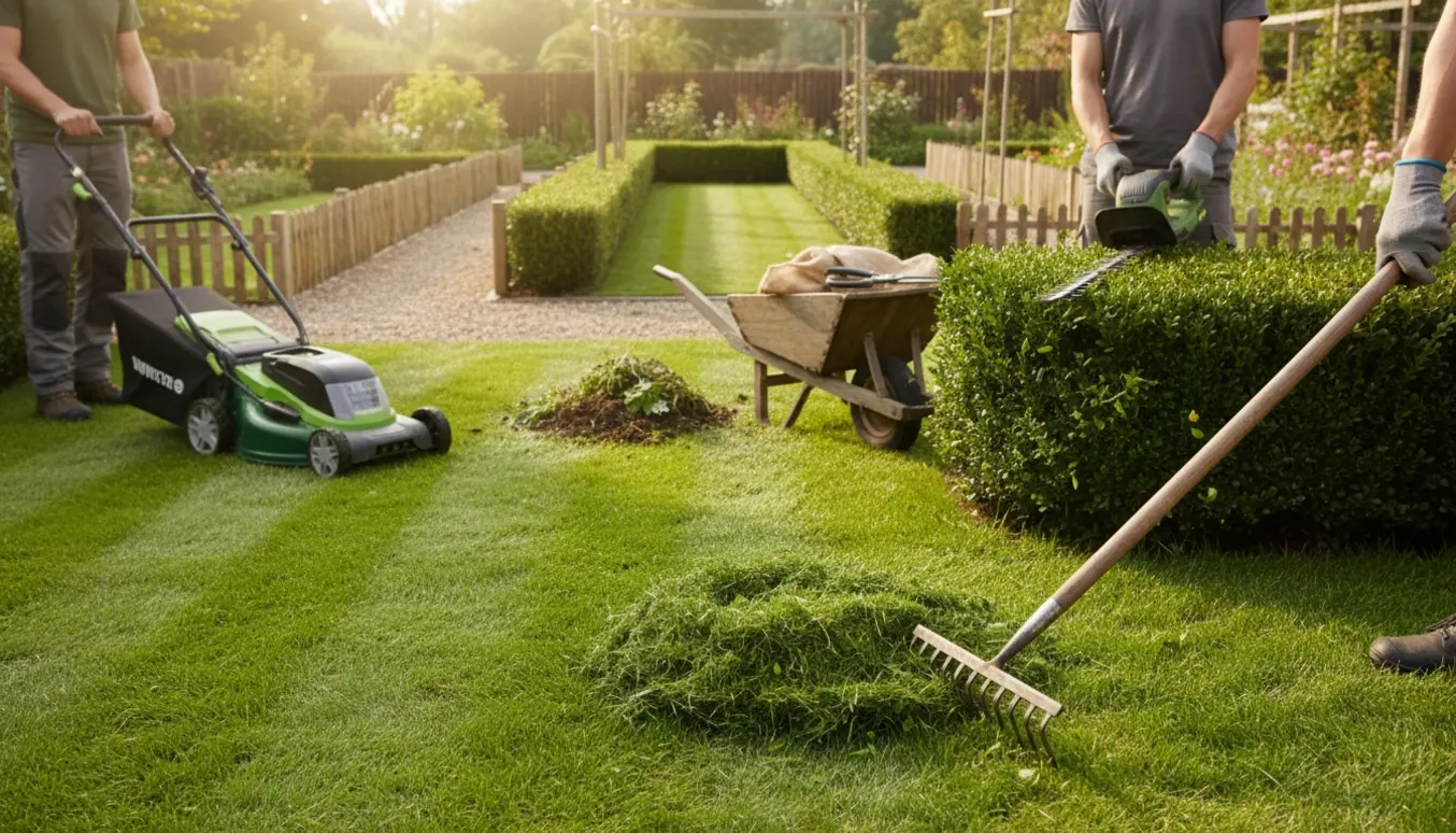 Nærbillede af havearbejde med nyslået græs, nyskårne hække og haveværktøj i tre små haver.
