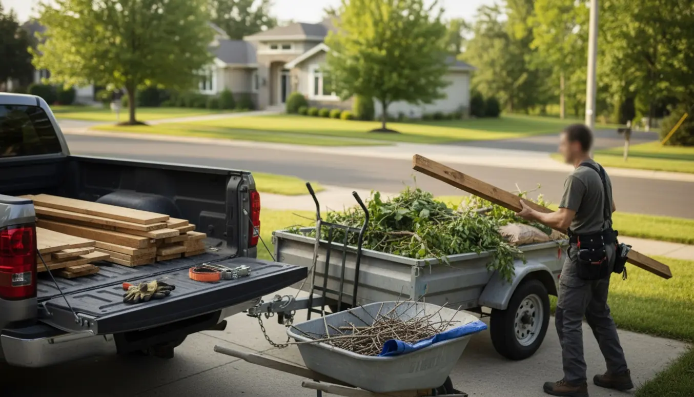 Lastning af brædder, haveaffald og diverse genstande på trailer og pickup i en indkørsel.
