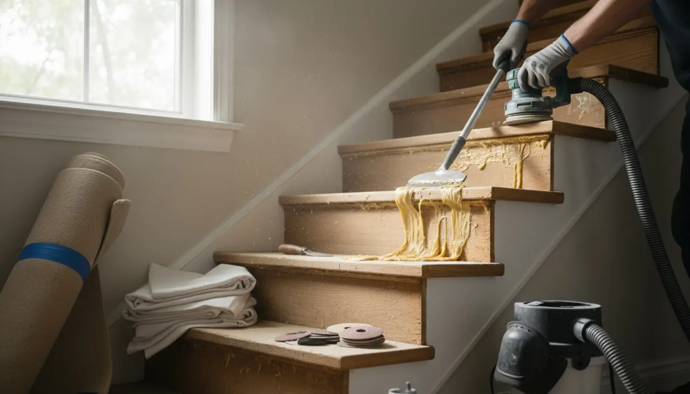 Trappe under renovering med tæppe fjernet, lim skrabes væk og trinene slibes.