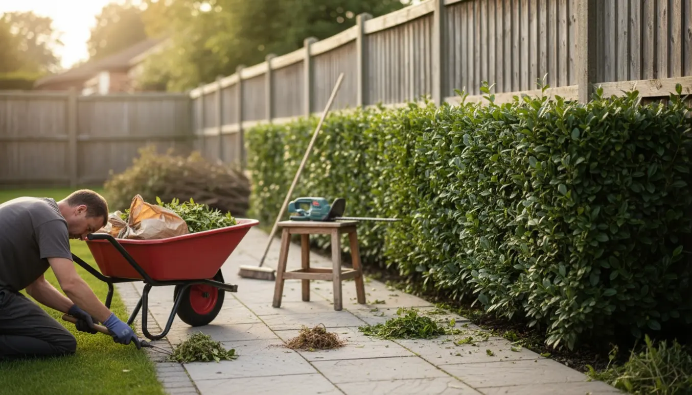 Person set bagfra klipper en kirsebærlaurbærhæk ved terrassen og fjerner ukrudt mellem fliser med haveaffald i en trillebør.