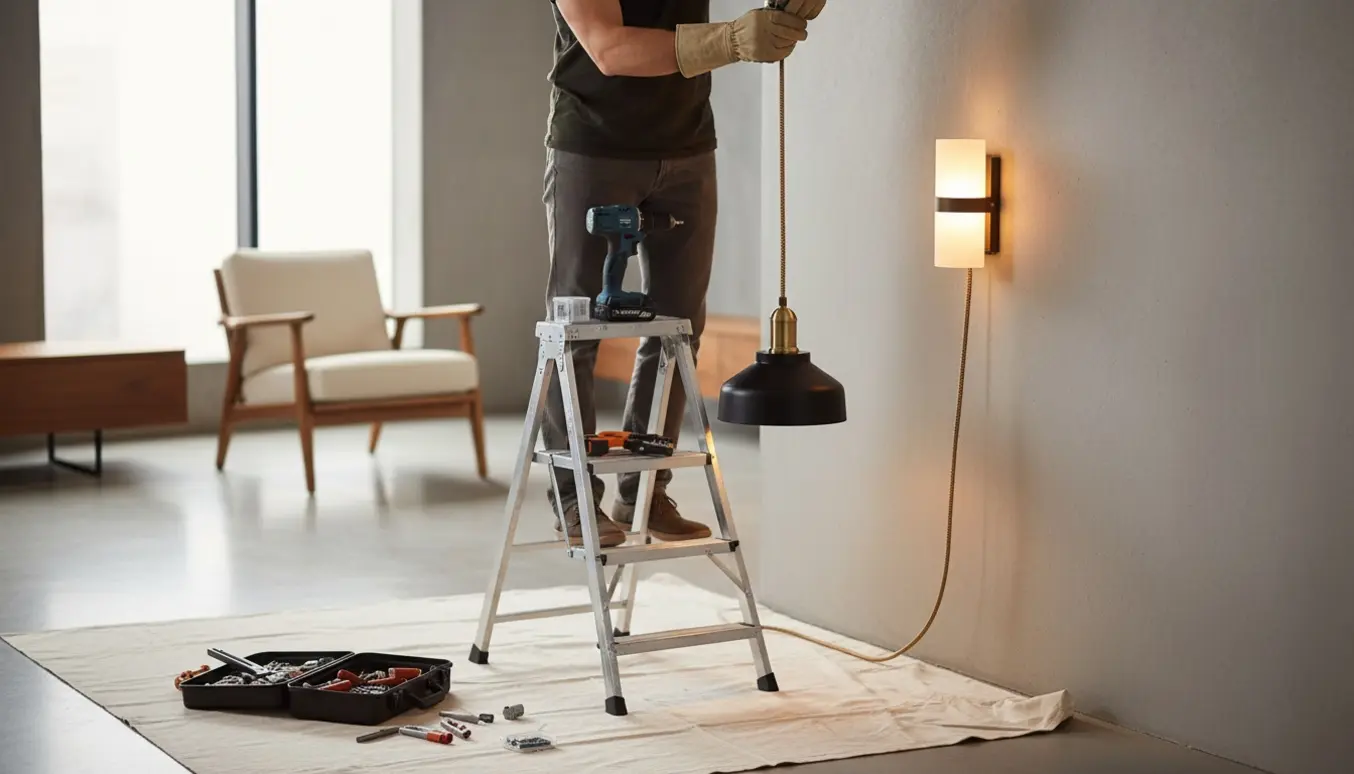 En elektriker monterer to lamper i en stue med værktøj og stige.
