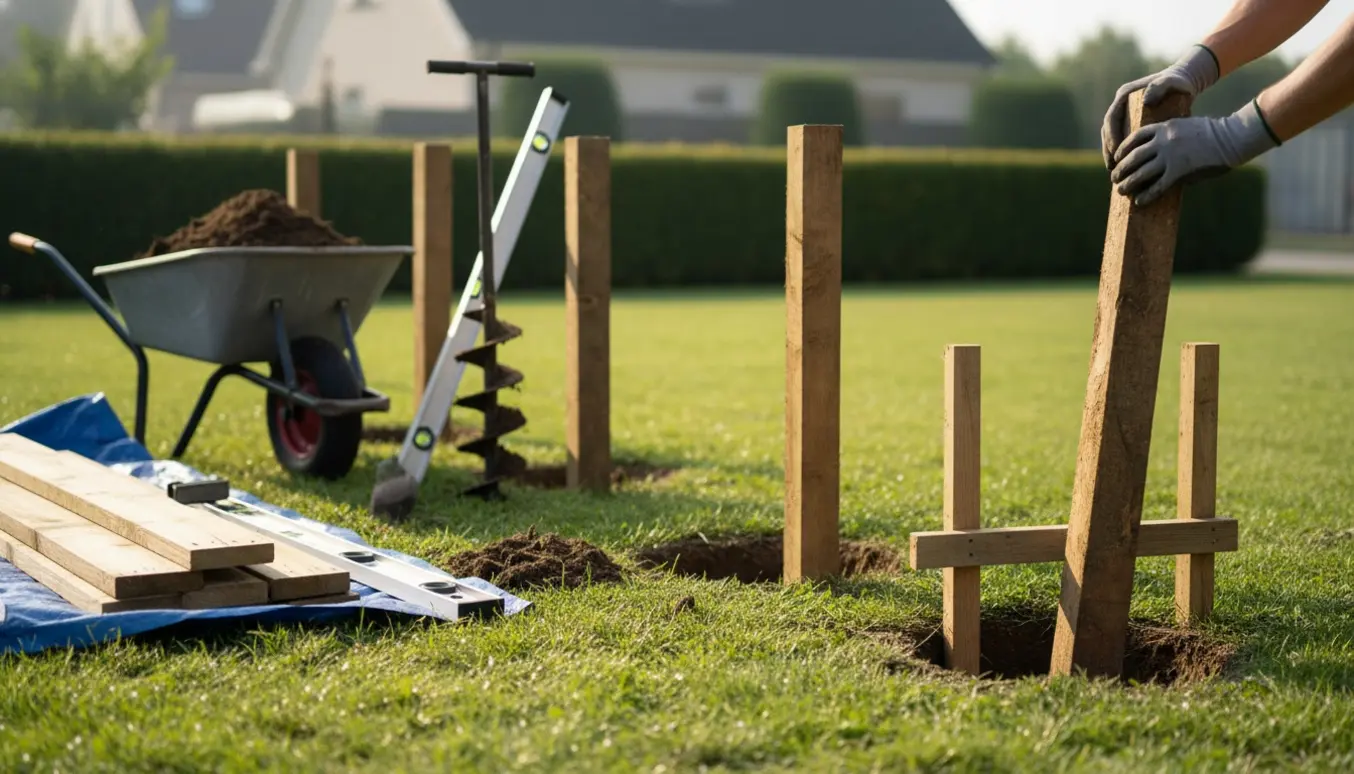 To stolper sættes i nyligt udgravede huller til opsætning af et hegn i en baghave.
