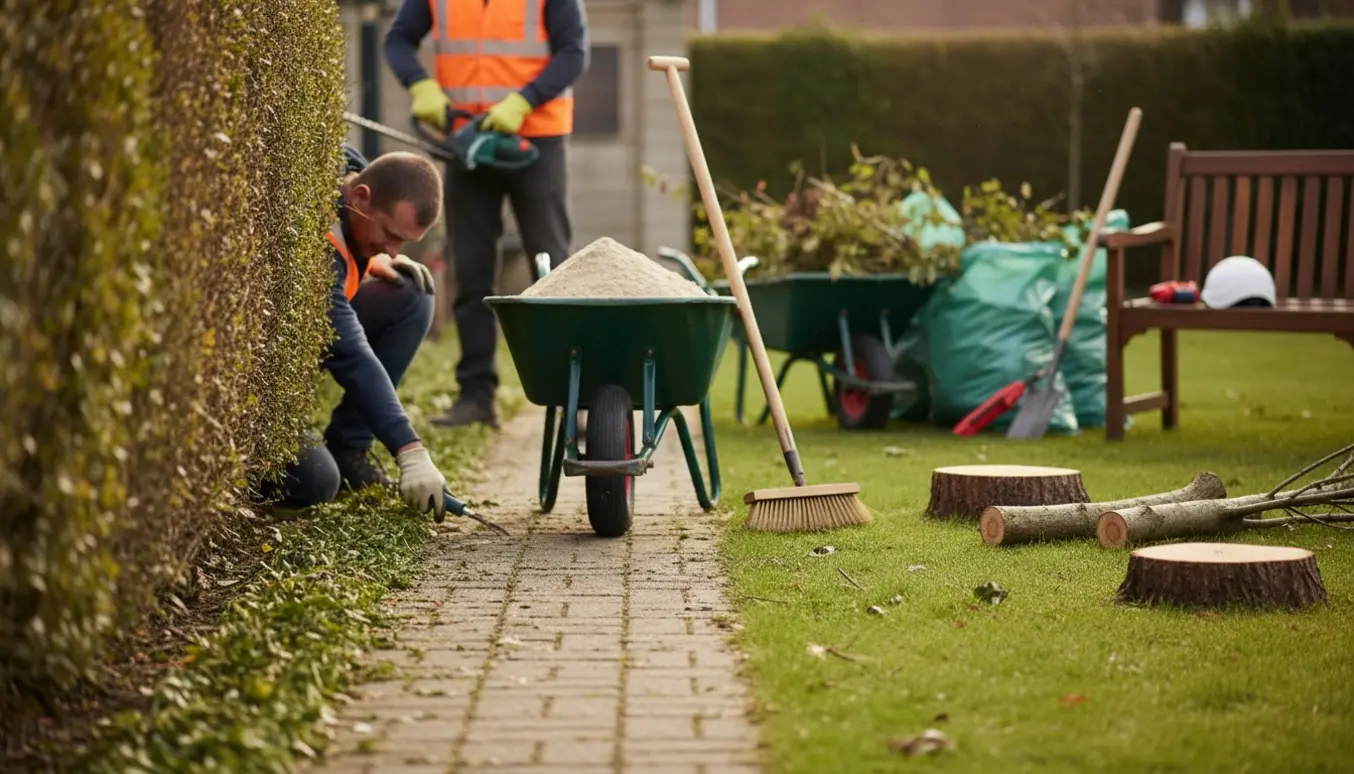 Baghave under vedligeholdelse med nyklippet hæk, fjernet ukrudt mellem fliser, en sandbunke under oprydning og tre små fældede træer.