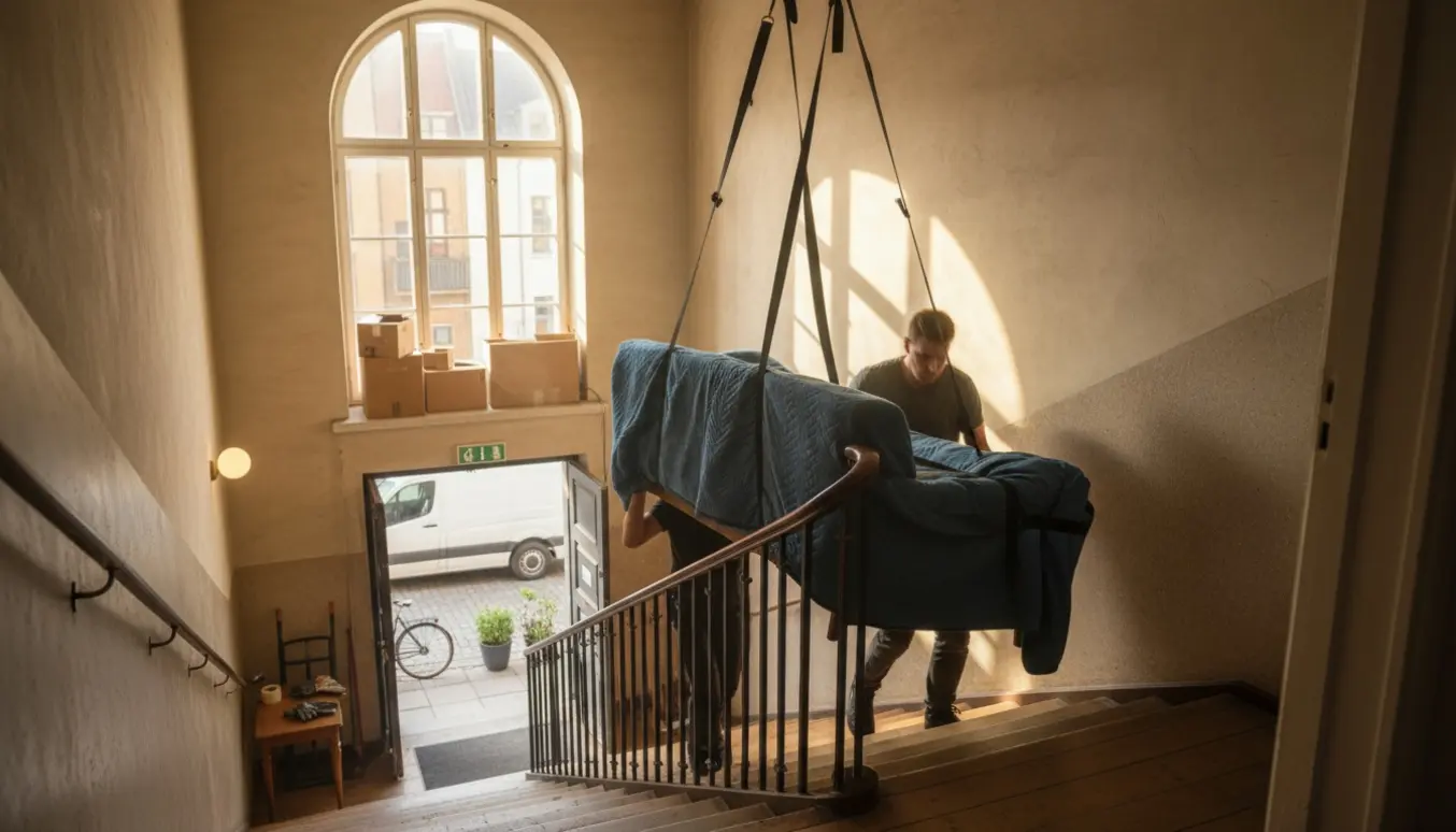 To flyttefolk bærer en indpakket sofa ned ad en lys trappeopgang fra 5. sal med en varebil ventende udenfor.