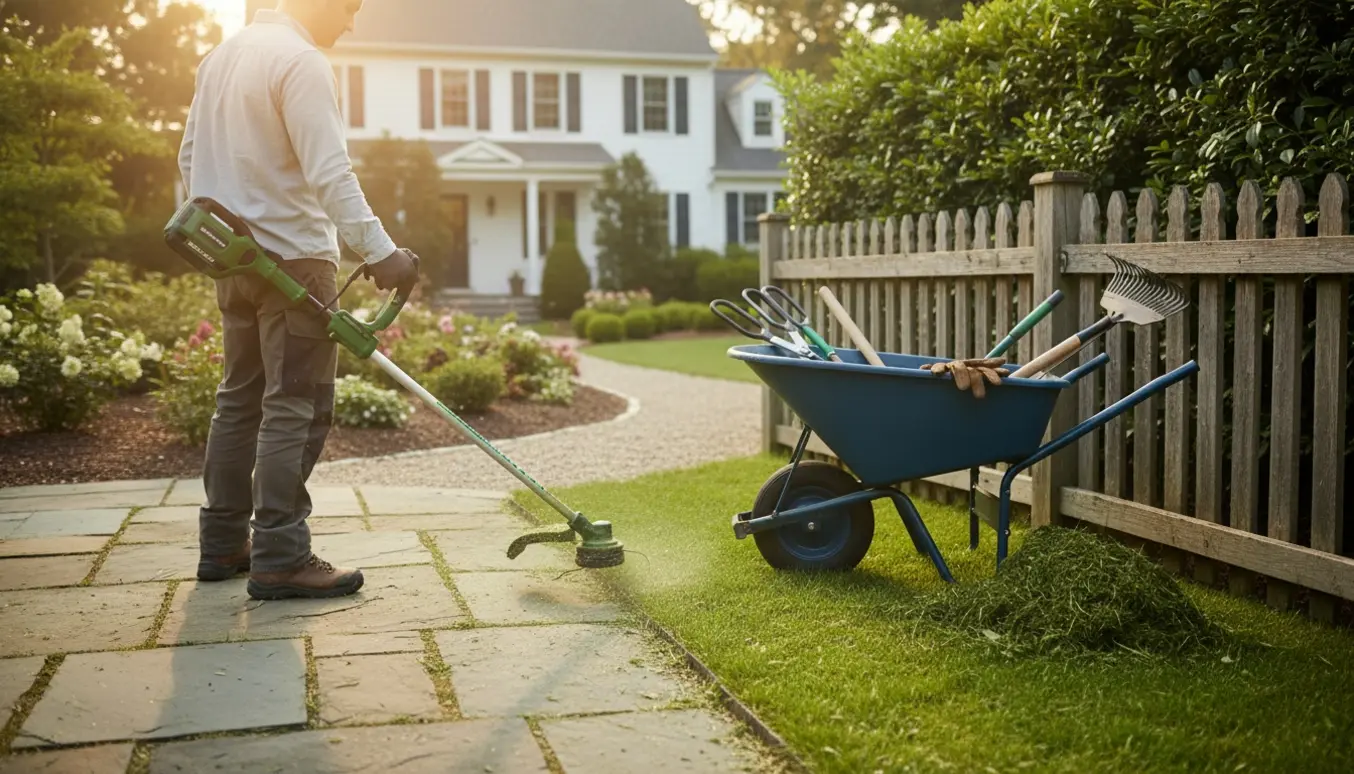 Person trimmer kanten langs en gangsti ved huset med haveredskaber og nyklippede hække.