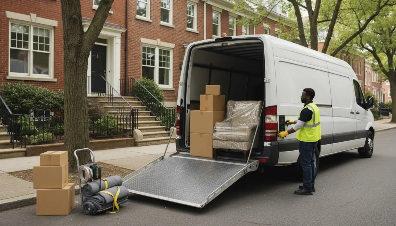 Stor varevogn med lift parkeret ved et rækkehus, flyttefolk læsser kasser og møbler.