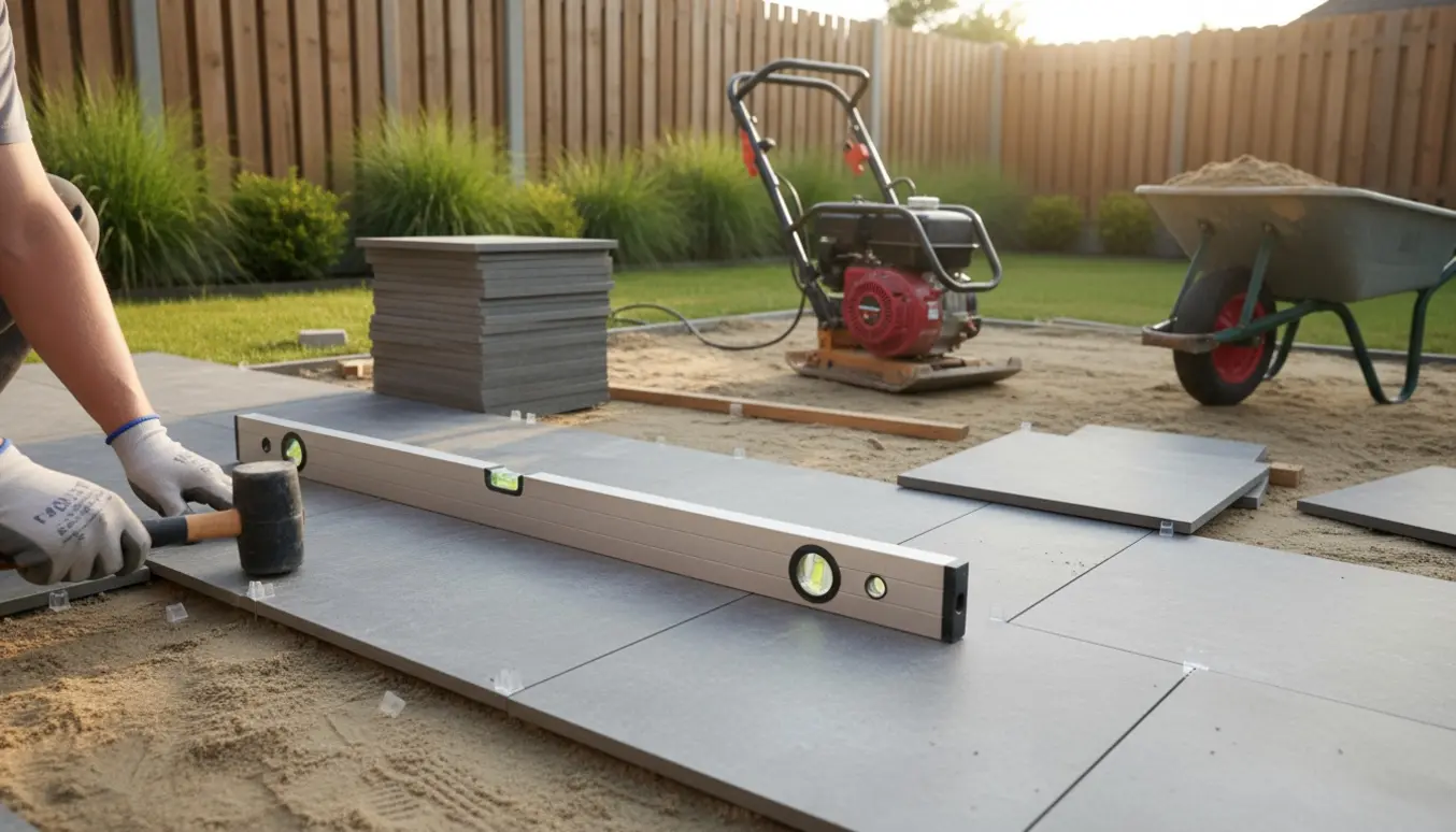 Udendørs patio hvor 30x60 cm fliser bliver lagt på en afrettet sandbund med værktøj og skærestykker i nærheden.