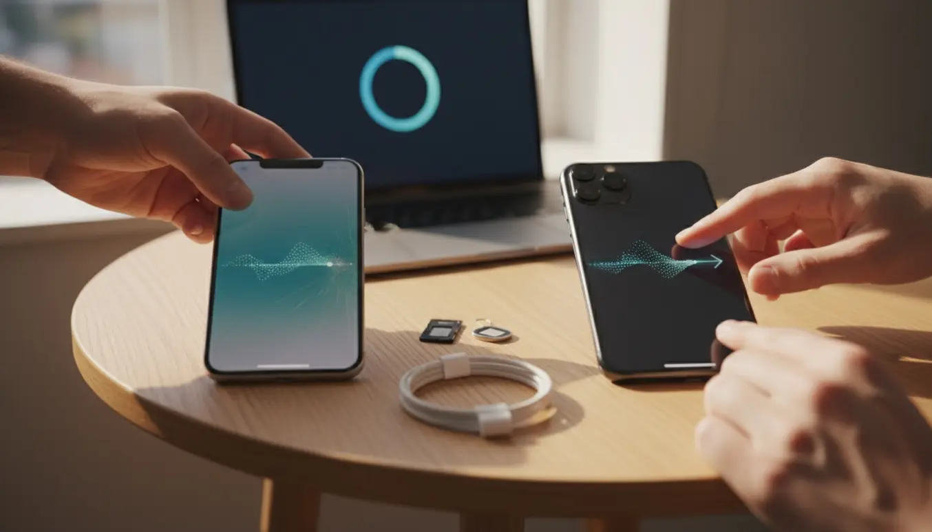 To iPhones på et træbord med kabel, SIM-tray og hænder, der forbereder dataoverførsel.