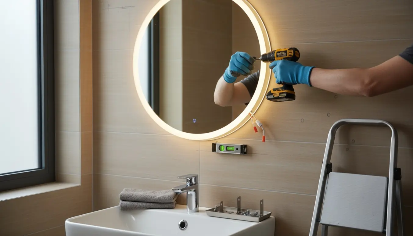 Rundt 60 cm LED-spejl monteres over et badeværelsesvask, hænder strammer beslagene.