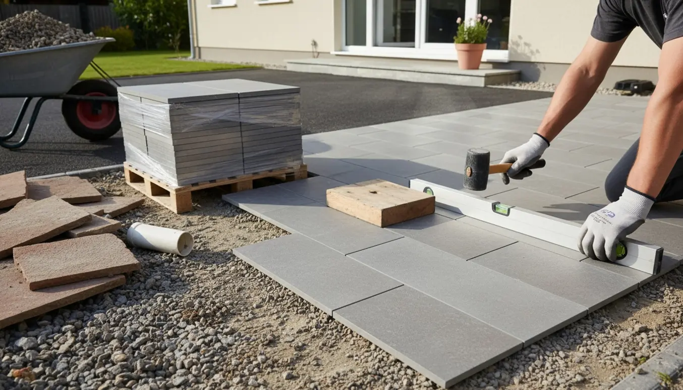 Nærbillede af hænder, der lægger grå 30x60 havefliser på en terrasse med værktøj og stablet materiale.