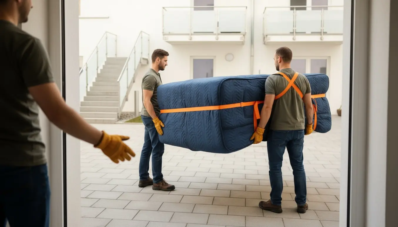 To flyttemænd bærer en stor boxmadras mellem to opgange udendørs, mens en person guider fra døren.