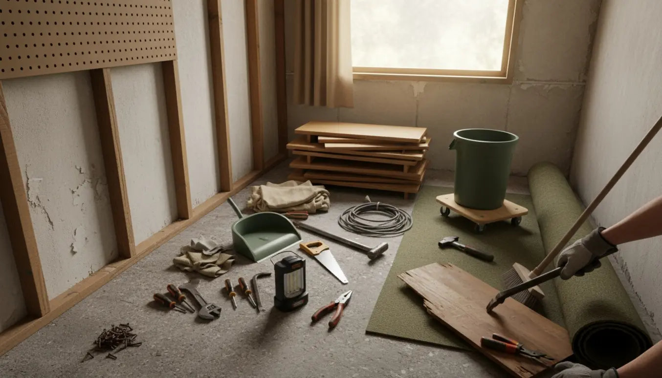 Halvryddet lille værksted med håndværktøj, løse hylder og materialer stablet klar til genbrug.