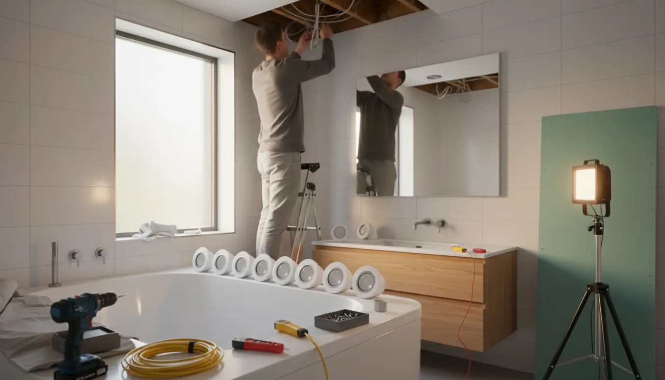 Elektriker monterer indbyggede spots i et badeværelse under renovering med åbent loft og spotdele på bordet.
