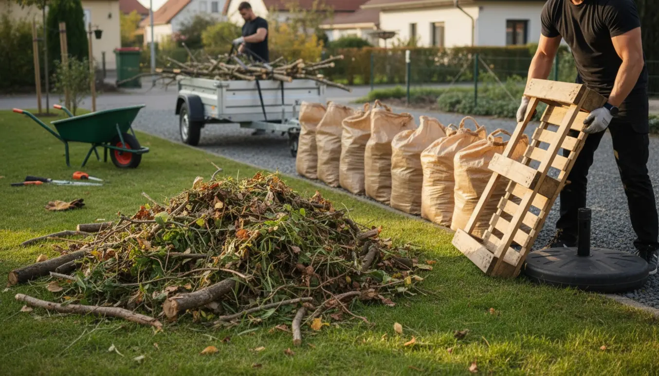Stak haveaffald på græsplæne med syv sække, en euro-palle og en tung parasolfod klar til genbrug.