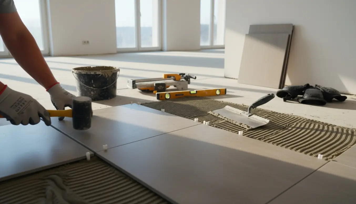 Delvist færdigt gulv med store porcelænsfliser og håndværktøj under igangværende fliselægning.