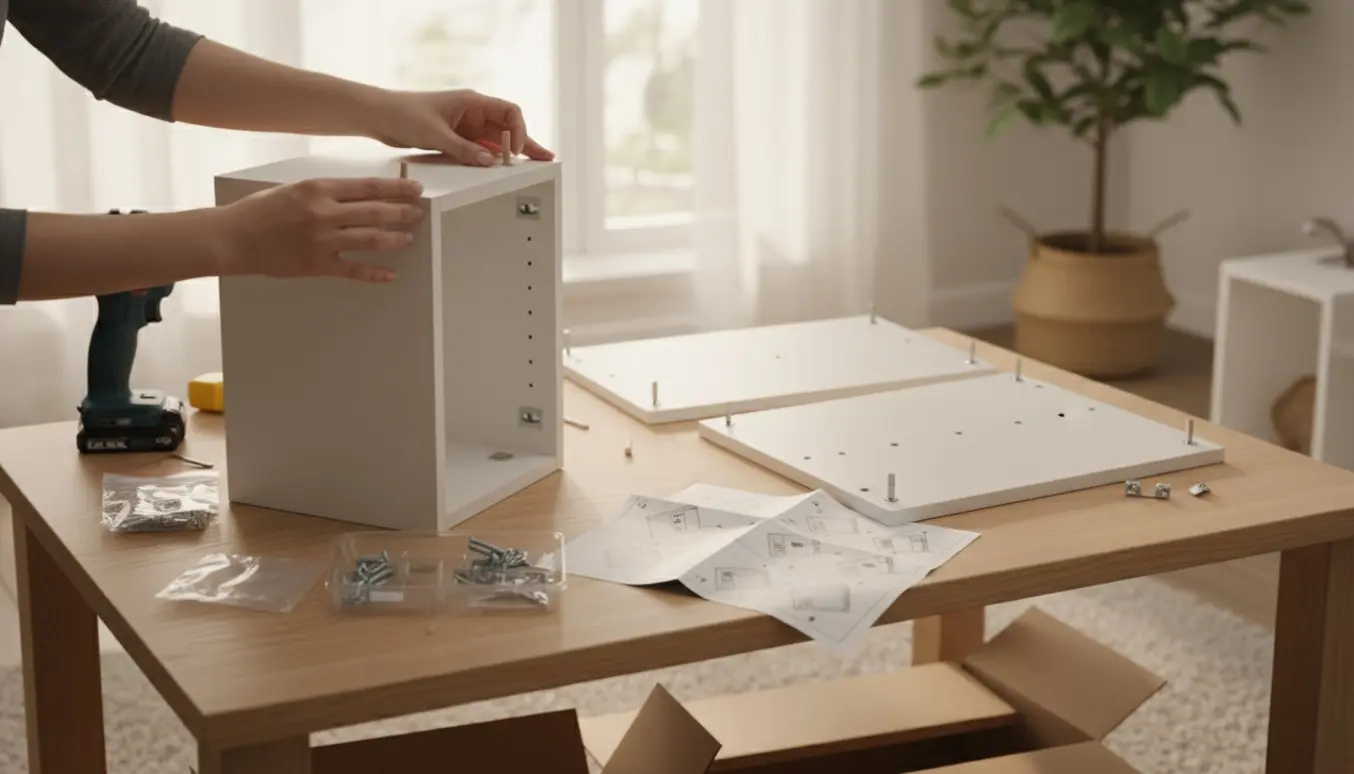 To små IKEA-skabe under samling på et lyst træbord, hænder monterer dele med værktøj.