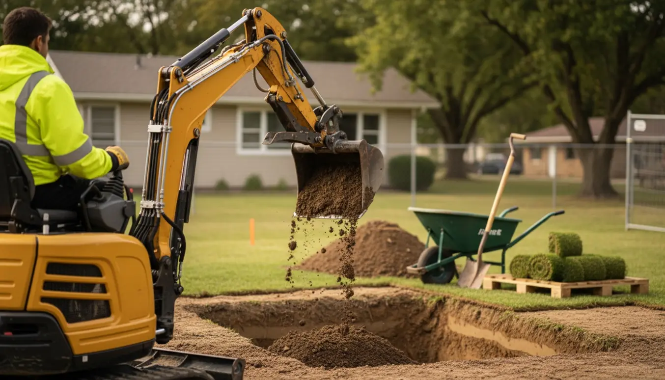 Minigraver fylder et stort jordhul på en byggegrund med muld i skovlen.