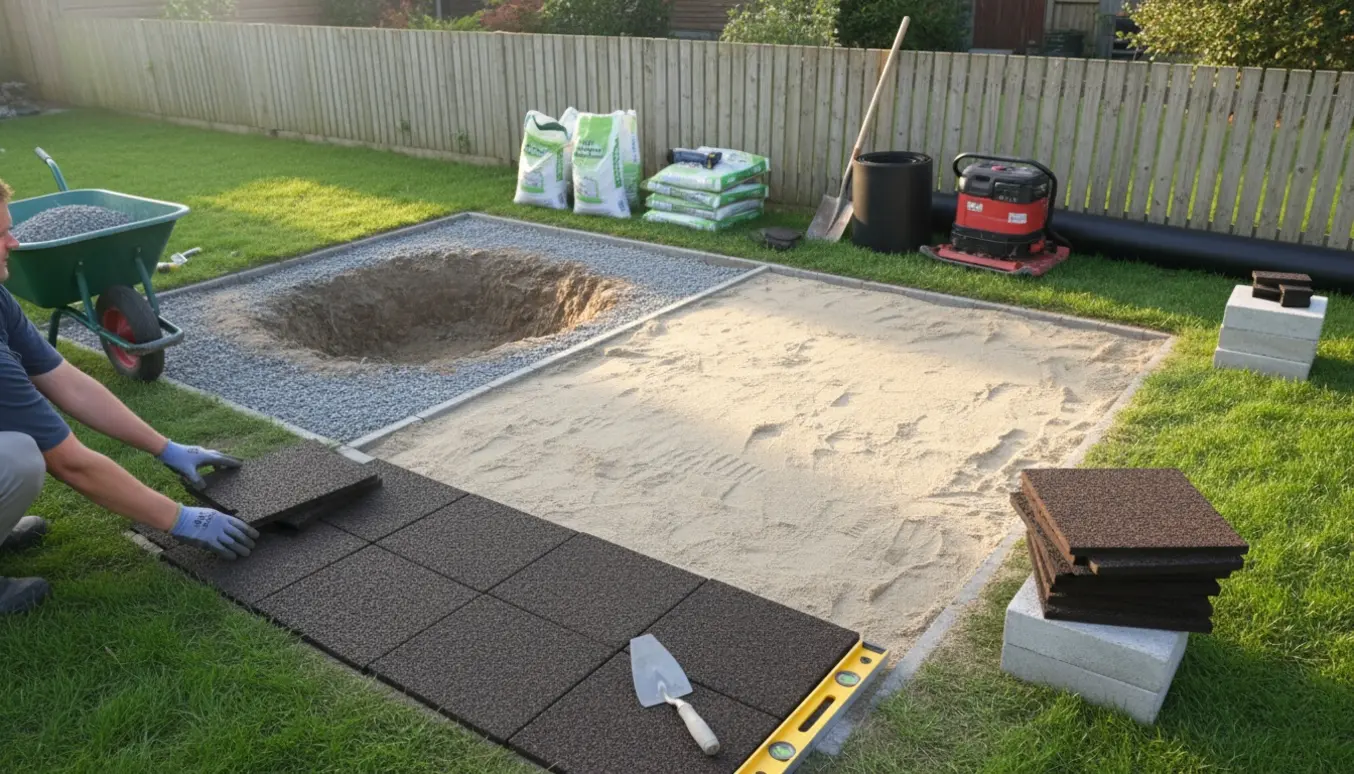 Baghave med terrasse under anlæg, hvor fliser og blødt legeunderlag bliver udjævnet og lagt med værktøj.