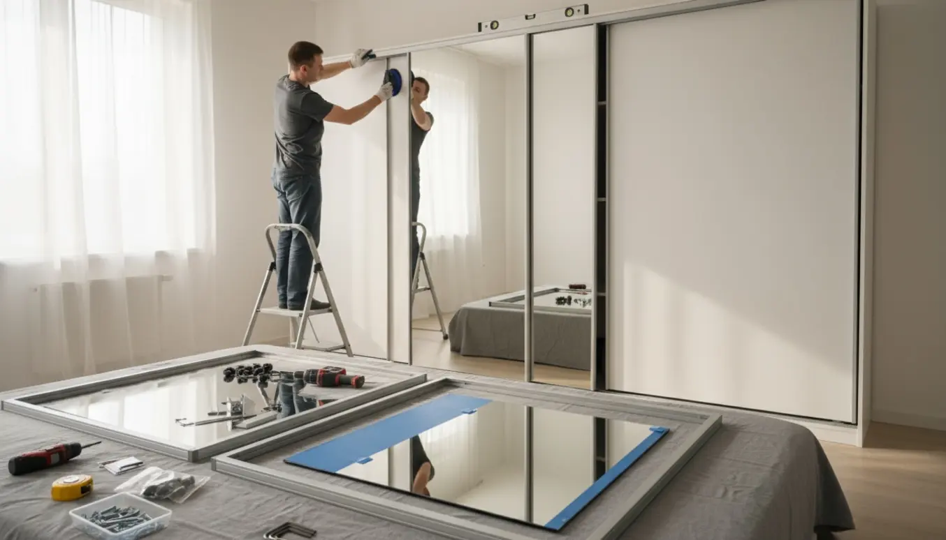 Montering af tunge spejlskydedøre på et samlet 2x2 m garderobeskab med værktøj og dørdele synlige.