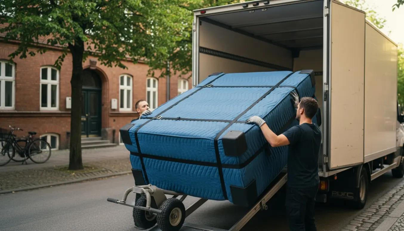 Intakt boxmadras bæres ind i en flyttevogn på en rolig københavnsk gade.