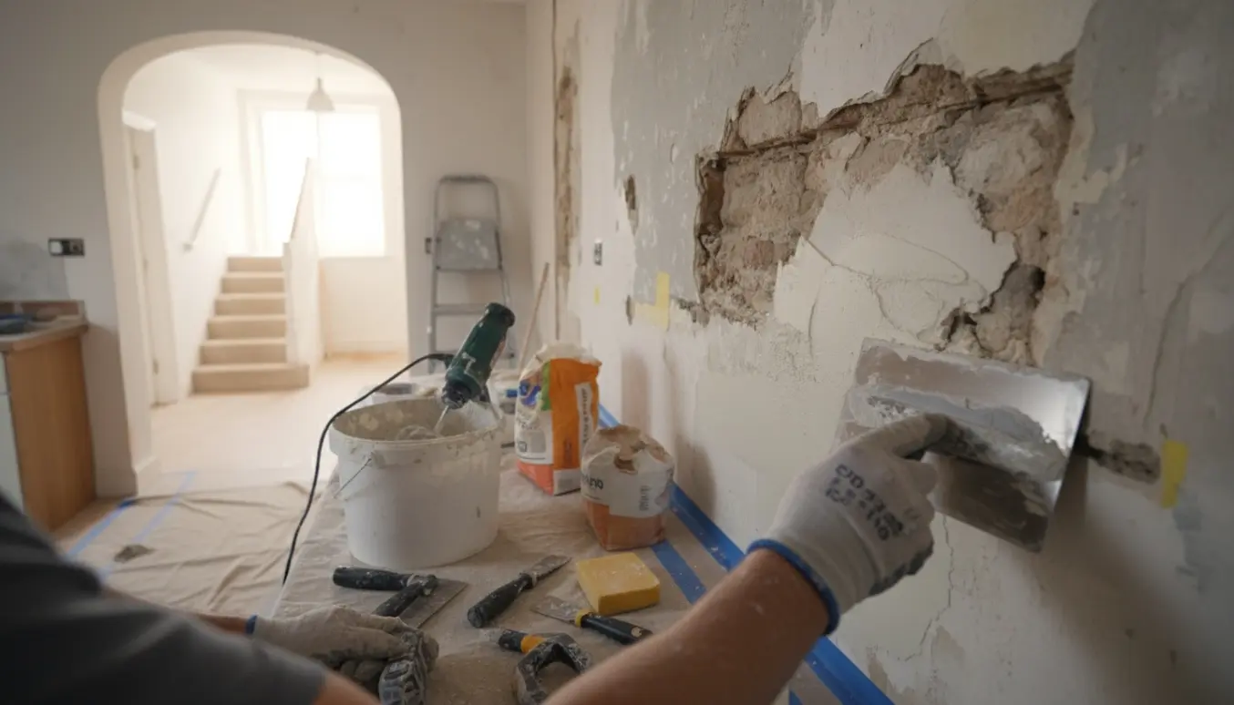 Væg i køkken under opretning med hænder, der glatter frisk puds og afdækning og materialer omkring.