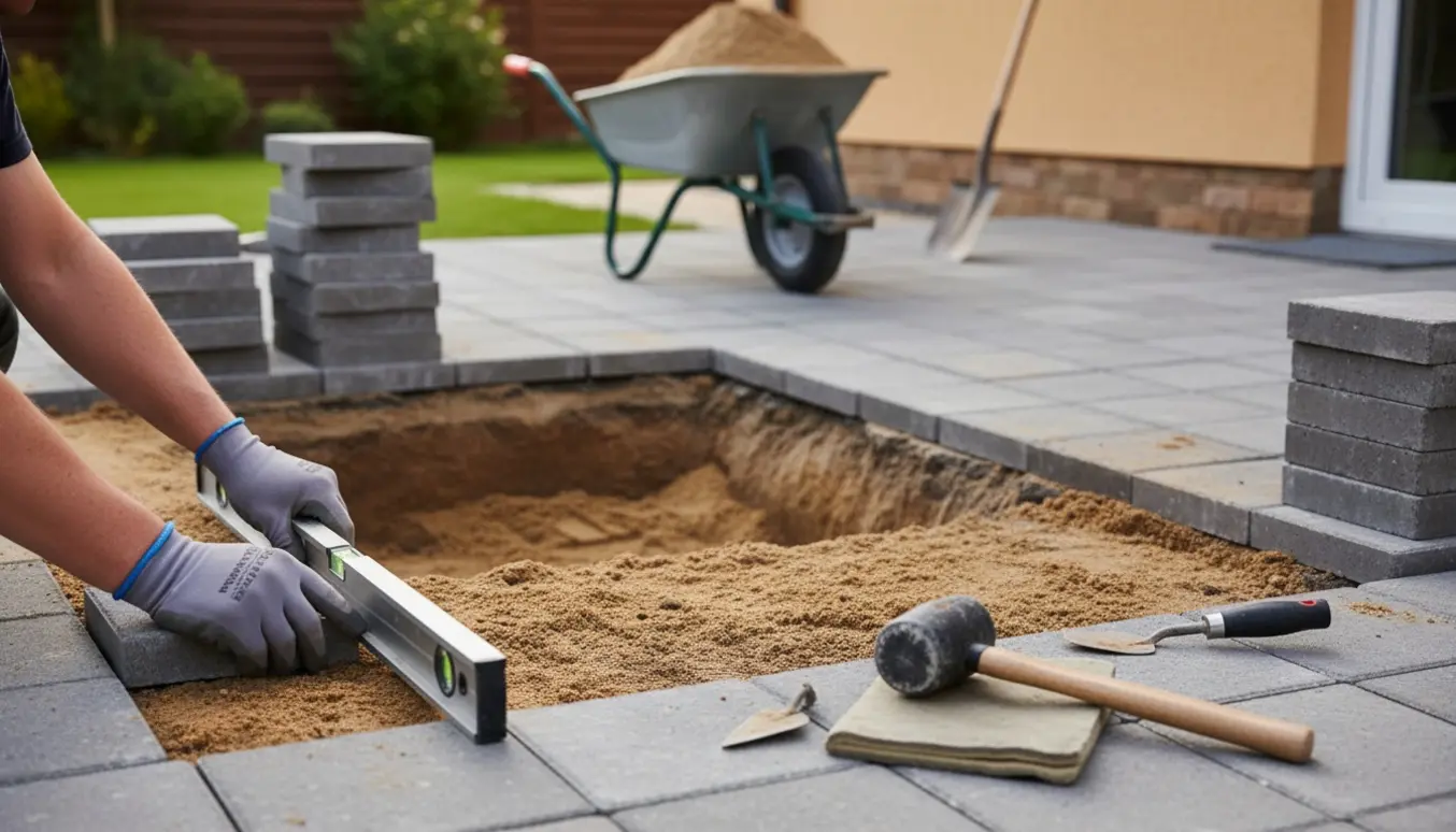 Hænder i handsker retter sandlaget og lægger nye 40x40 cm fliser i en baghave.