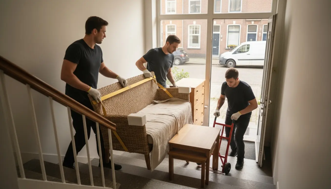Flyttefolk bærer en kurvesofa, to sofaborde og en kommode i en smal trappeopgang uden elevator.