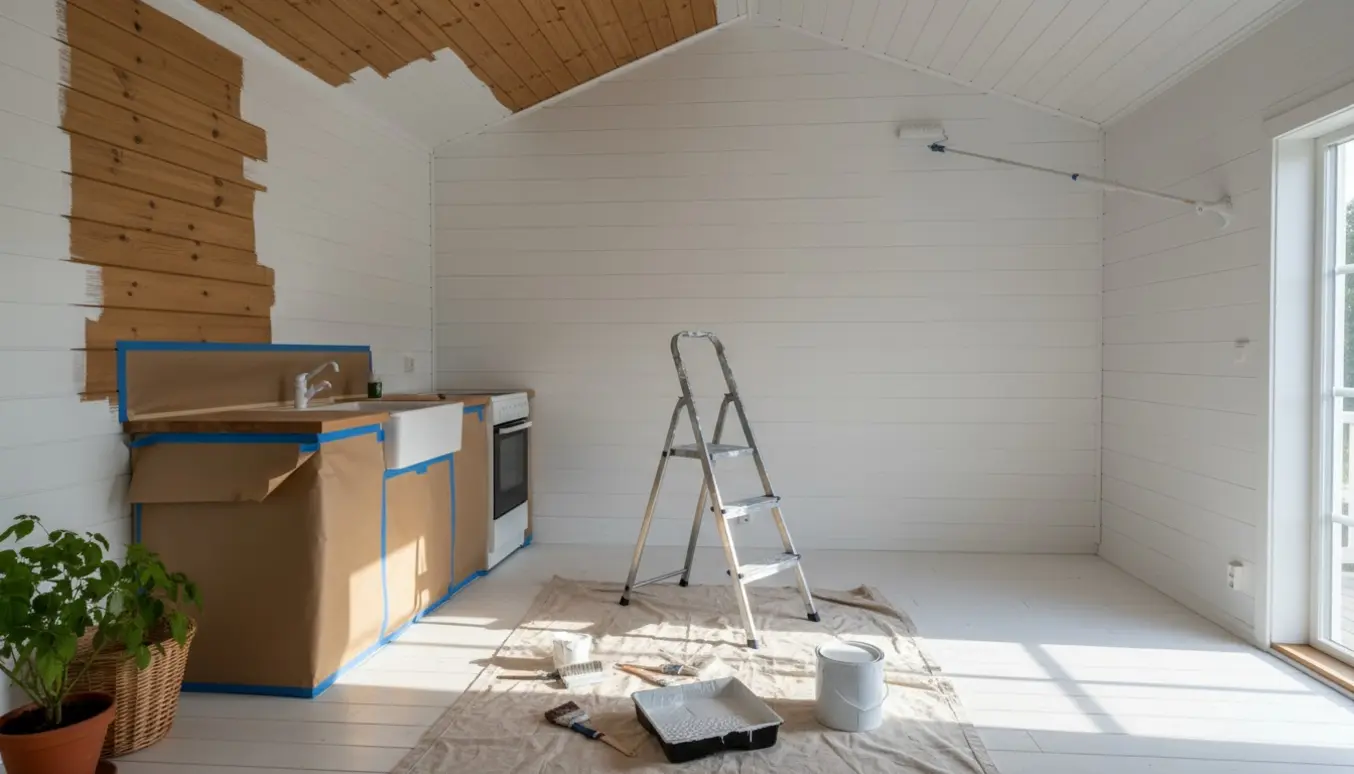 Åbent træsommerhus stue og køkkenalrum halvt malet hvidt med malergrej og naturligt dagslys.