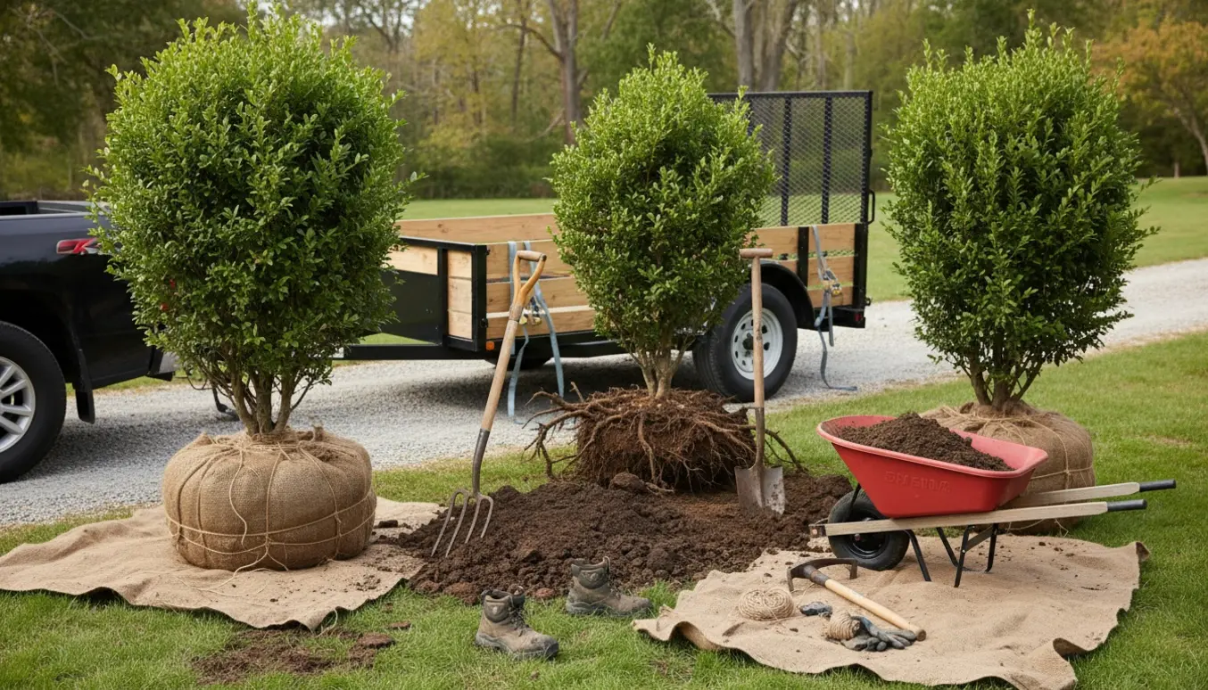 Tre buske graves op og læsses på en trailer i en have med skovle, rødder og jord.