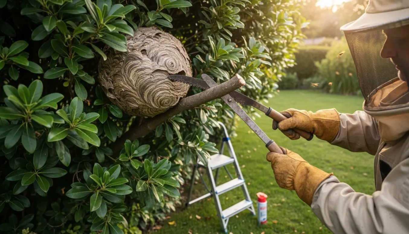 Person i beskyttelsesdragt fjerner et stort hvepsebo fra en tæt busk.